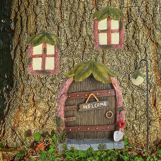 Feentür 'Welcome' 4teilig Polyresin bunt Türe 2 Fenster Laterne Baumdeko Gartendeko floureszierend