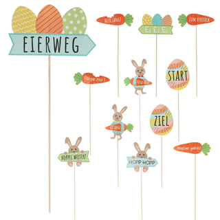 Wegweiser Eiersuche 12er Set H45cm Papier Birkenholz Schild Holzschild Osterdeko mehrfarbig verschiedene Ostermotive und Schriftzüge