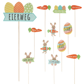Wegweiser Eiersuche 12er Set H45cm Papier Birkenholz Schild Holzschild Osterdeko mehrfarbig verschiedene Ostermotive und Schriftzüge