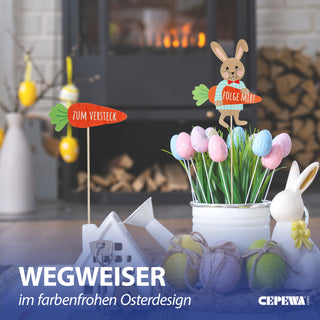 Wegweiser Eiersuche 12er Set H45cm Papier Birkenholz Schild Holzschild Osterdeko mehrfarbig verschiedene Ostermotive und Schriftzüge