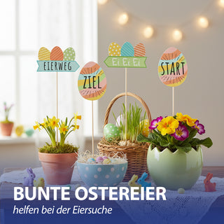Wegweiser Eiersuche 12er Set H45cm Papier Birkenholz Schild Holzschild Osterdeko mehrfarbig verschiedene Ostermotive und Schriftzüge