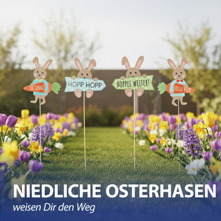 Wegweiser Eiersuche 12er Set H45cm Papier Birkenholz Schild Holzschild Osterdeko mehrfarbig verschiedene Ostermotive und Schriftzüge