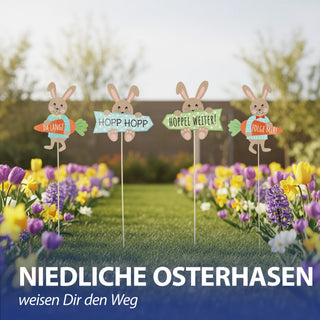 Wegweiser Eiersuche 12er Set H45cm Papier Birkenholz Schild Holzschild Osterdeko mehrfarbig verschiedene Ostermotive und Schriftzüge