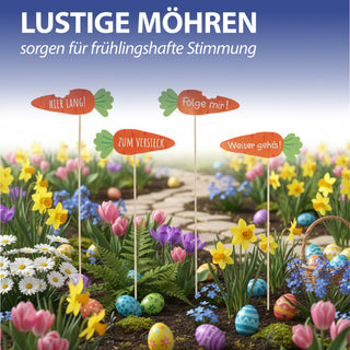 Wegweiser Eiersuche 12er Set H45cm Papier Birkenholz Schild Holzschild Osterdeko mehrfarbig verschiedene Ostermotive und Schriftzüge