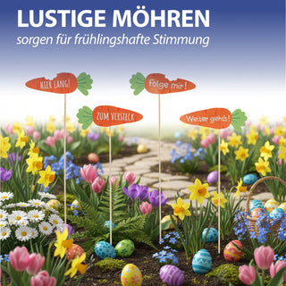 Wegweiser Eiersuche 12er Set H45cm Papier Birkenholz Schild Holzschild Osterdeko mehrfarbig verschiedene Ostermotive und Schriftzüge
