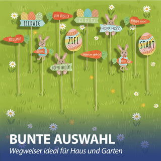 Wegweiser Eiersuche 12er Set H45cm Papier Birkenholz Schild Holzschild Osterdeko mehrfarbig verschiedene Ostermotive und Schriftzüge