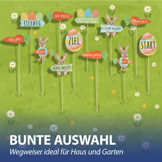 Wegweiser Eiersuche 12er Set H45cm Papier Birkenholz Schild Holzschild Osterdeko mehrfarbig verschiedene Ostermotive und Schriftzüge