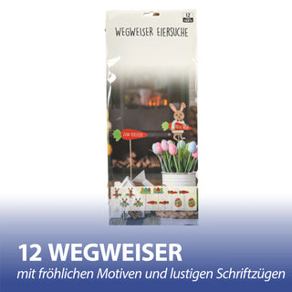 Wegweiser Eiersuche 12er Set H45cm Papier Birkenholz Schild Holzschild Osterdeko mehrfarbig verschiedene Ostermotive und Schriftzüge