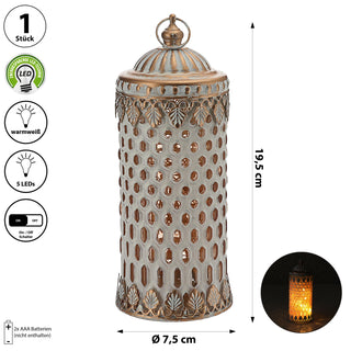 LED Leuchte orientalische Ornamente Glas Ø7,5cm H20cm weiß-gold Windlicht 5 LEDs batteriebetrieben
