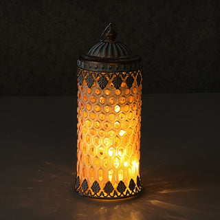LED Leuchte orientalische Ornamente Glas Ø7,5cm H20cm weiß-gold Windlicht 5 LEDs batteriebetrieben