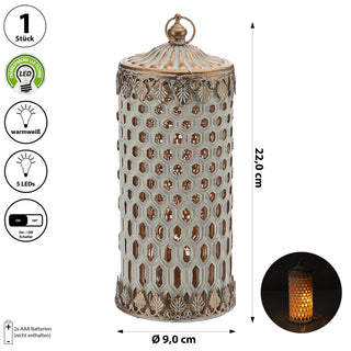 LED Leuchte orientalische Ornamente Glas Ø9cm H22cm weiß-gold Windlicht 5 LEDs batteriebetrieben