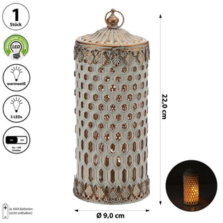 LED Leuchte orientalische Ornamente Glas Ø9cm H22cm weiß-gold Windlicht 5 LEDs batteriebetrieben