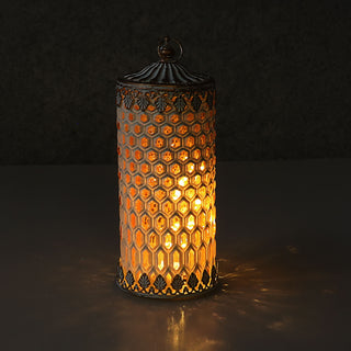 LED Leuchte orientalische Ornamente Glas Ø9cm H22cm weiß-gold Windlicht 5 LEDs batteriebetrieben