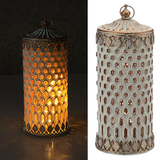 LED Leuchte orientalische Ornamente Glas Ø9cm H22cm weiß-gold Windlicht 5 LEDs batteriebetrieben