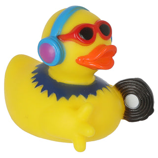 Badeente DJ H8cm PVC gelb bunt Enten Schnabel Badespielzeug Quietscheente Kopfhörer Brille Schallplatte Badewanne