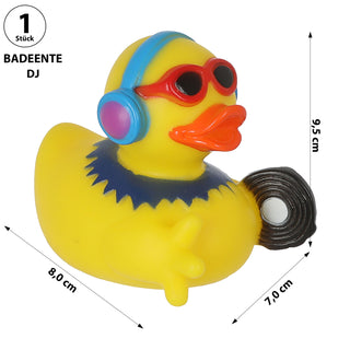 Badeente DJ H8cm PVC gelb bunt Enten Schnabel Badespielzeug Quietscheente Kopfhörer Brille Schallplatte Badewanne