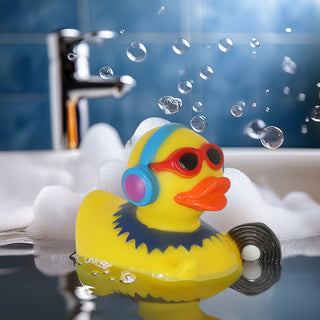 Badeente DJ H8cm PVC gelb bunt Enten Schnabel Badespielzeug Quietscheente Kopfhörer Brille Schallplatte Badewanne
