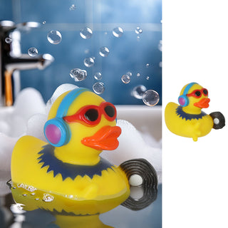 Badeente DJ H8cm PVC gelb bunt Enten Schnabel Badespielzeug Quietscheente Kopfhörer Brille Schallplatte Badewanne