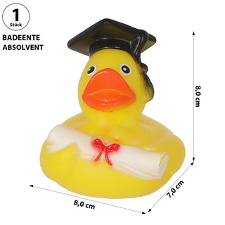 Badeente Absolvent H8cm PVC gelb schwarz Ente Schnabel Badespielzeug Quietscheente Doktor-Ente Badewanne