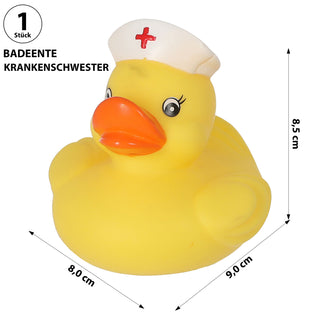 Badeente Krankenschwester H8,5cm PVC gelb weiß Ente Schnabel Badespielzeug Quietscheente Badewanne