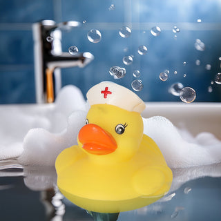 Badeente Krankenschwester H8,5cm PVC gelb weiß Ente Schnabel Badespielzeug Quietscheente Badewanne