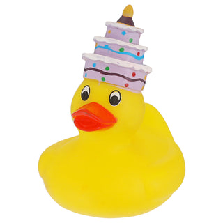 Badeente Geburtstag H8cm PVC gelb bunt Ente Schnabel Badespielzeug Quietscheente Torte Geburtstagskuchen Kerze Badewanne