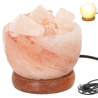 LED Salzkristallleuchte Ø9cm USB-A Kabel warmweiß MDF Salz 'Salt Range Pakistan' Salzschale Salzsteine Holzsockel