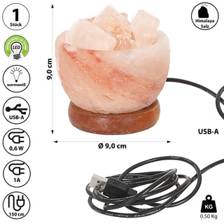 LED Salzkristallleuchte Ø9cm USB-A Kabel warmweiß MDF Salz 'Salt Range Pakistan' Salzschale Salzsteine Holzsockel