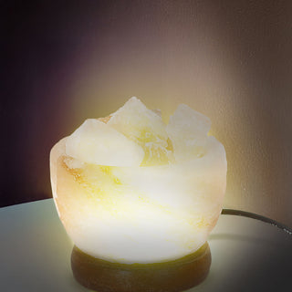 LED Salzkristallleuchte Ø9cm USB-A Kabel warmweiß MDF Salz 'Salt Range Pakistan' Salzschale Salzsteine Holzsockel