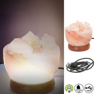 LED Salzkristallleuchte Ø9cm USB-A Kabel warmweiß MDF Salz 'Salt Range Pakistan' Salzschale Salzsteine Holzsockel