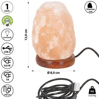 LED Salzkristallleuchte 8x12cm USB-A Kabel warmweiß MDF Salz 'Salt Range Pakistan' Salzstein Holzsockel