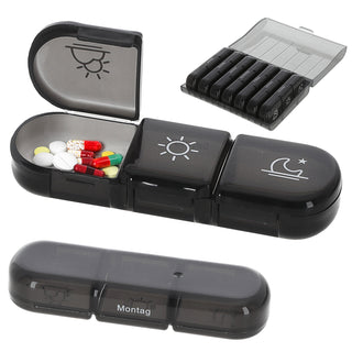 Pillenbox 7 Tage Kunststoff 12x4x16cm Beschriftung Wochentage Tageszeit Medikamentenbox Einzelfächer Pillendose Tablettendose