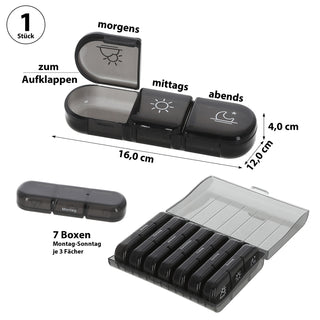 Pillenbox 7 Tage Kunststoff 12x4x16cm Beschriftung Wochentage Tageszeit Medikamentenbox Einzelfächer Pillendose Tablettendose
