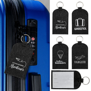 Kofferanhänger 4er Set mit Aufdruck 7x12cm anthrazit 100% Polyester Filz Schüsselring Namensfeld Gepäckanhänger