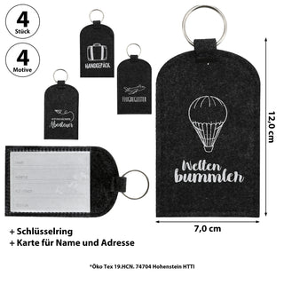 Kofferanhänger 4er Set mit Aufdruck 7x12cm anthrazit 100% Polyester Filz Schüsselring Namensfeld Gepäckanhänger
