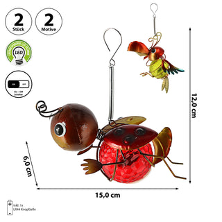 LED Tiere 2er Set zum Aufhängen Springfeder Marienkäfer Papagei bunt 15x12x6cm An-/Ausschalter Gartenfigur batteriebetrieben