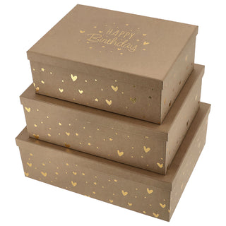 Boxenset 'Happy Birthday' 3er Set 3 Größen rechteckig braun Kraftpapier 1100gsm Schachteln mit Goldprägung Deckel Geschenkboxen