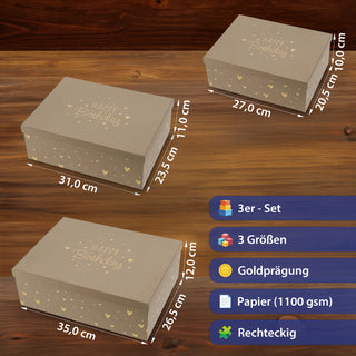 Boxenset 'Happy Birthday' 3er Set 3 Größen rechteckig braun Kraftpapier 1100gsm Schachteln mit Goldprägung Deckel Geschenkboxen