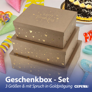 Boxenset 'Happy Birthday' 3er Set 3 Größen rechteckig braun Kraftpapier 1100gsm Schachteln mit Goldprägung Deckel Geschenkboxen
