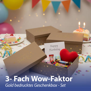 Boxenset 'Happy Birthday' 3er Set 3 Größen rechteckig braun Kraftpapier 1100gsm Schachteln mit Goldprägung Deckel Geschenkboxen