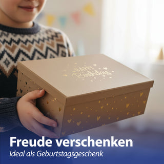 Boxenset 'Happy Birthday' 3er Set 3 Größen rechteckig braun Kraftpapier 1100gsm Schachteln mit Goldprägung Deckel Geschenkboxen