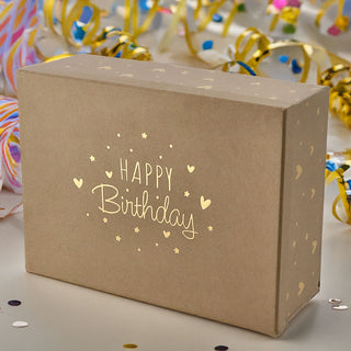 Boxenset 'Happy Birthday' 3er Set 3 Größen rechteckig braun Kraftpapier 1100gsm Schachteln mit Goldprägung Deckel Geschenkboxen