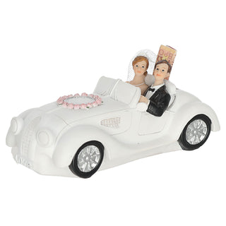 Spardose Brautpaar im Cabrio 17x7,5x8cm Polyresin weiß Gummistopfen Geldeinwurfschlitz Hochzeit Verlobung Sparbüchse