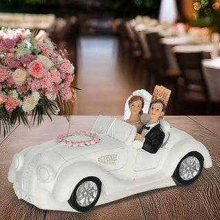 Spardose Brautpaar im Cabrio 17x7,5x8cm Polyresin weiß Gummistopfen Geldeinwurfschlitz Hochzeit Verlobung Sparbüchse