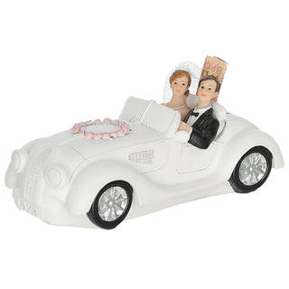Spardose Brautpaar im Cabrio 17x7,5x8cm Polyresin weiß Gummistopfen Geldeinwurfschlitz Hochzeit Verlobung Sparbüchse