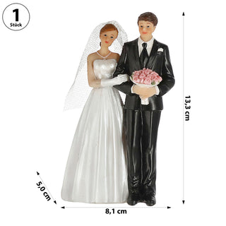 Hochzeitspaar Tortenaufsatz 8x13x5cm weiß schwarz Polyresin Tortenfigur Dekofigur Blumenstrauß Braut Bräutigam