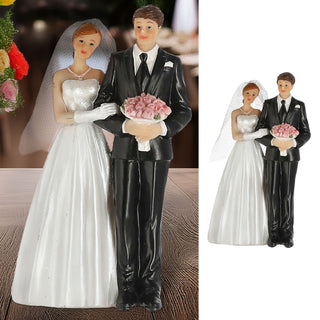 Hochzeitspaar Tortenaufsatz 8x13x5cm weiß schwarz Polyresin Tortenfigur Dekofigur Blumenstrauß Braut Bräutigam
