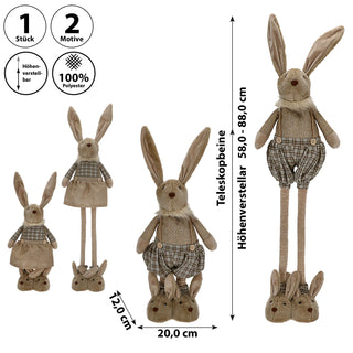 Osterhasenpaar Mann Frau mit Teleskopbeinen max. H88cm Polyester Metallbeine Brauntöne Hasenschuhe Osterdekoration