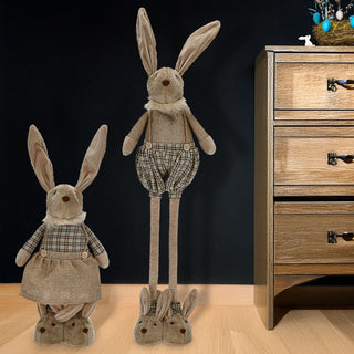 Osterhasenpaar Mann Frau mit Teleskopbeinen max. H88cm Polyester Metallbeine Brauntöne Hasenschuhe Osterdekoration