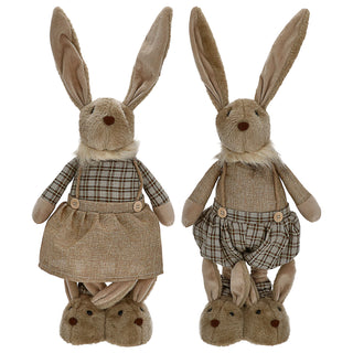 Osterhasenpaar Mann Frau mit Teleskopbeinen max. H88cm Polyester Metallbeine Brauntöne Hasenschuhe Osterdekoration